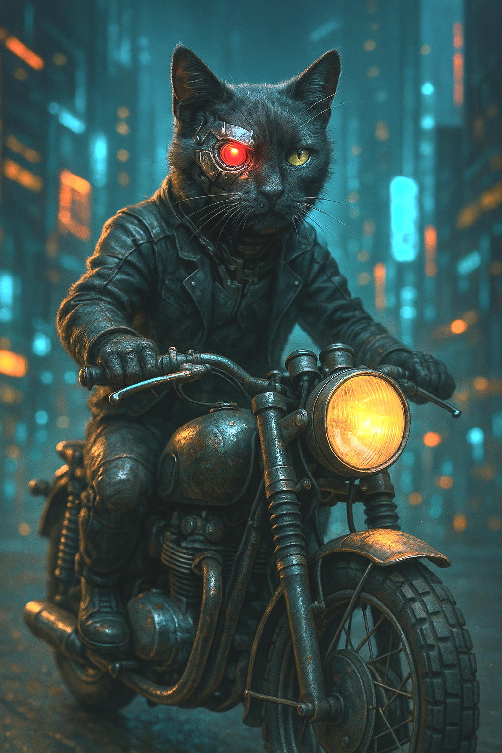 Android Cat Rider speeding through the city at night